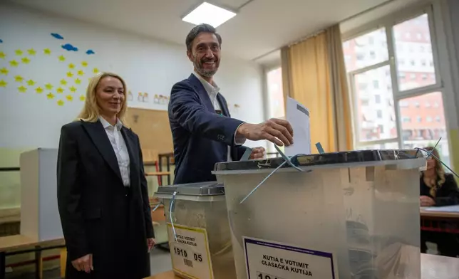 Uran Ismaili, candidate for the mayor from the Partia Demokratike e Kosoves, PDK (Democratic Party of Kosovo), casts his ballot for the municipal elections in Pristina, Kosovo on Sunday, Oct. 12, 2025.(AP Photo/Visar Kryeziu)