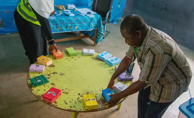 Election officials arrange stacks of ballot papers before the start of voting at a polling station in Garoua, Cameroon, Sunday, Oct. 12, 2025.(AP Photo/Welba Yamo Pascal)