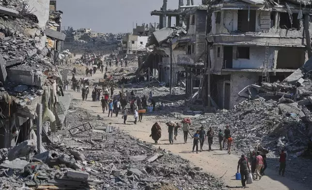 Displaced Palestinians walk with their belongings past destroyed buildings as they return to their homes in Khan Younis, southern Gaza Strip, Friday, Oct. 10, 2025, after Israel and Hamas agreed to a pause in their war and the release of the remaining hostages. (AP Photo/Jehad Alshrafi)