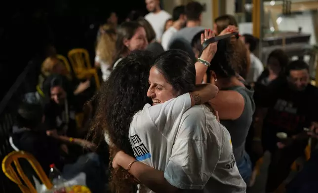 Relatives and supporters of Israeli hostages held by Hamas in the Gaza Strip celebrate after the announcement that Israel and Hamas have agreed to the first phase of a peace plan, as they gather at a plaza known as the hostages square in Tel Aviv, Israel, Thursday, Oct. 9, 2025. (AP Photo/Emilio Morenatti)