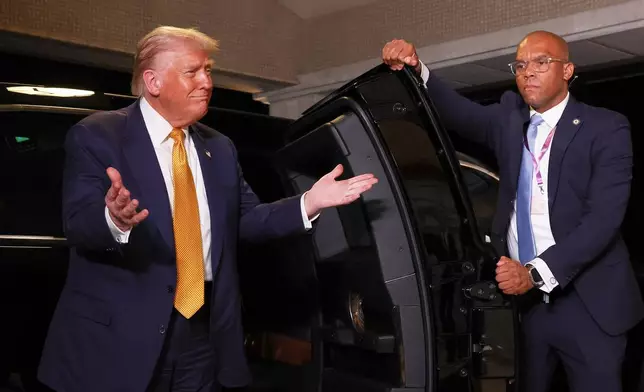 President Donald Trump, left, and Japan's Emperor Naruhito talk during their meeting at the Imperial Palace in Tokyo, Oct. 27, 2025. (Issei Kato/Pool Photo via AP)
