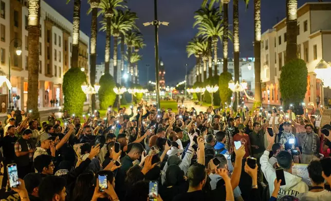 People take part in a youth-led protest against corruption and calling for education and healthcare reforms, in Rabat, Morocco, Thursday, Oct. 9, 2025. (AP Photo/Mosa'ab Elshamy)