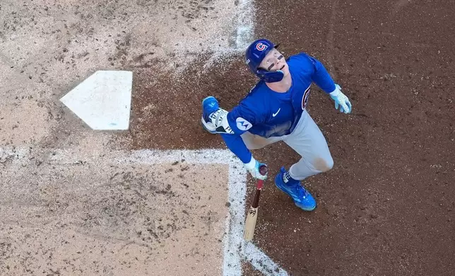 Chicago Cubs, Pete Crow-Armstrong pops out during the third inning of Game 1 of baseball's National League Division Series against the Milwaukee Brewers Saturday, Oct. 4, 2025, in Milwaukee. (AP Photo/Morry Gash)