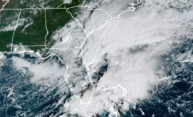 This satellite image provided by NOAA shows an unnamed Atlantic storm system in the Atlantic on Friday, Oct. 10, 2025. (NOAA via AP)