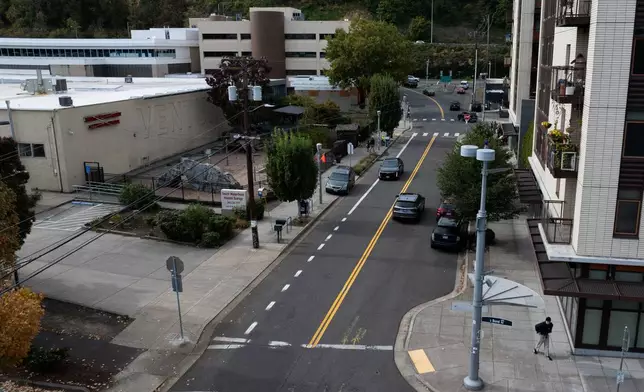 A U.S. Immigration and Customs Enforcement facility, at top left, is seen on Thursday, Oct. 9, 2025, in Portland, Ore. (AP Photo/Jenny Kane)