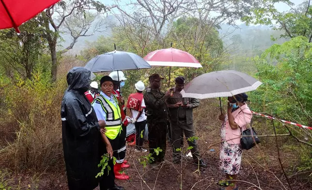 Kenyan officials inspect the scene of a plane crash near Diani, Kenya, Tuesday, Oct. 28, 2025. (AP Photo)