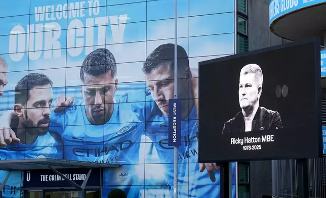 A view of a tribute at the Etihad Stadium, as a funeral service is taking place for Ricky Hatton at Manchester Cathedral in Manchester, England, Friday, Oct. 10, 2025. (Owen Humphreys/PA via AP)