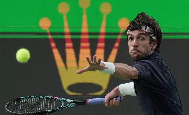 Lorenzo Musetti of Italy prepares to return a forehand shot from Felix Auger-Aliassime of Canada during a men's singles match of the Shanghai Masters tennis tournament at Qizhong Forest Sports City Tennis Center, in Shanghai, China, Wednesday, Oct. 8, 2025. (AP Photo/Andy Wong)