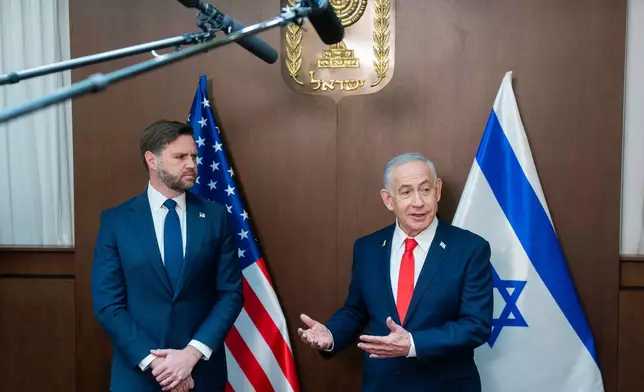 U.S. Vice President JD Vance and Israel's Prime Minister Benjamin Netanyahu, right, meet at the Prime Minister's Office in Jerusalem, Wednesday, Oct. 22, 2025. (Nathan Howard/The New York Times via AP, Pool)