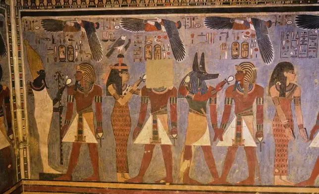 Restored artifacts seen at the tomb of Amenhotep III, who ruled ancient Egypt between 1390 B.C. and 1350 B.C., in the Valley of Kings in the southern city of Luxor, Egypt, Saturday, Oct. 4, 2025, as it opened to visitors for the first time in more than two decades. (AP Photo/Amr Nabil)