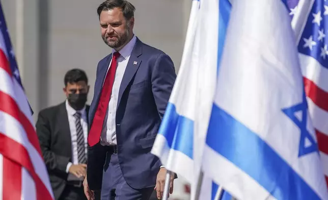 Vice President J.D. Vance arrives at Ben Gurion airport in Tel Aviv, Israel, Tuesday, Oct. 21, 2025. (Nathan Howard/Pool Photo via AP)