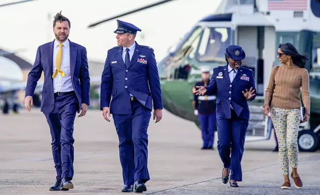U.S. Vice President JD Vance and second lady Usha Vance board Air Force Two at Joint Base Andrews, Md., Monday, Oct. 20, 2025, en route to Israel. (Nathan Howard/Pool Photo via AP)