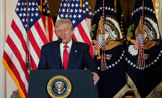 President Donald Trump speaks to business leaders at a dinner event in Tokyo, Japan, Tuesday, Oct. 28, 2025. (AP Photo/Mark Schiefelbein)