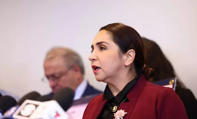 Congresswoman Delia C. Ramirez speaks about federal actions in Niles during a press conference calling for the release of Ruben Torres Maldonado Wednesday, Oct. 22, 2025 in Chicago. (Anthony Vazquez /Chicago Sun-Times via AP)