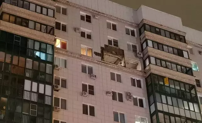 This photo released by Moscow Region Governor Andrei Vorobyev official telegram channel shows a view of the damaged multi-storey apartment building hit by a Ukrainian drone in Krasnogorsk, just outside Moscow, Russia, on Friday, Oct. 24, 2025. (Moscow Region Governor Andrei Vorobyev official telegram channel via AP)
