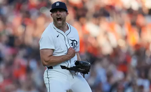Detroit Tigers pitcher Will Vest celebrates after striking out Seattle Mariners' Randy Arozarena for the final out in Game 4 of baseball's American League Division Series Wednesday, Oct. 8, 2025, in Detroit. (AP Photo/Paul Sancya)