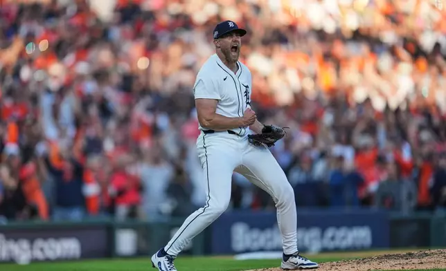 Detroit Tigers pitcher Will Vest celebrates after striking out Seattle Mariners' Randy Arozarena for the final out in Game 4 of baseball's American League Division Series Wednesday, Oct. 8, 2025, in Detroit. (AP Photo/Paul Sancya)