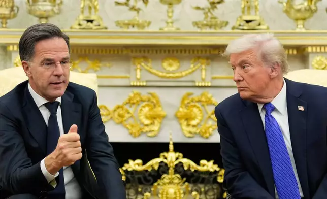 President Donald Trump meets with NATO Secretary General Mark Rutte in the Oval Office of the White House, Wednesday, Oct. 22, 2025, in Washington. (AP Photo/Alex Brandon)