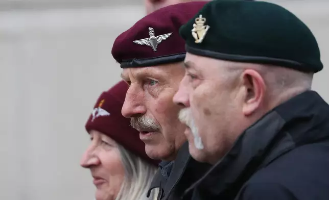 Supporters of Soldier F outside Belfast Crown Court following the not guilty verdict of soldier F in the1972 Bloody Sunday Massacre, Belfast, Northern Ireland, Thursday, Oct. 23, 2025. (AP Photo/Peter Morrison)
