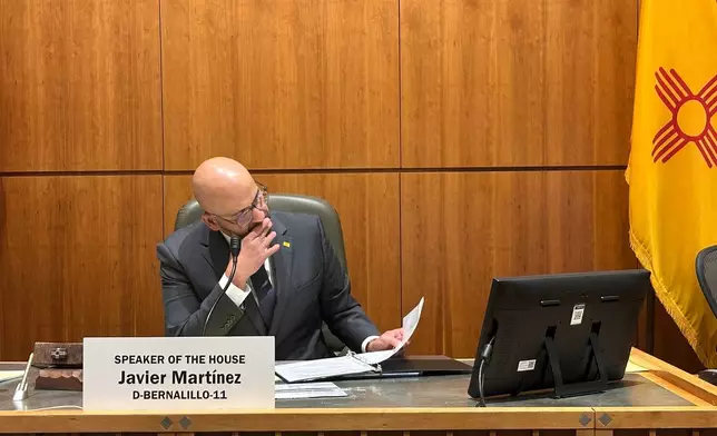 Democratic state House Speaker Javier Martínez, of Albuquerque, N.M., takes his seat at the opening of a special legislative session about proposals to shore up safety net spending in response to President Donald Trump's recent cuts, Wednesday, Oct. 1, 2025. (AP Photo/Morgan Lee)
