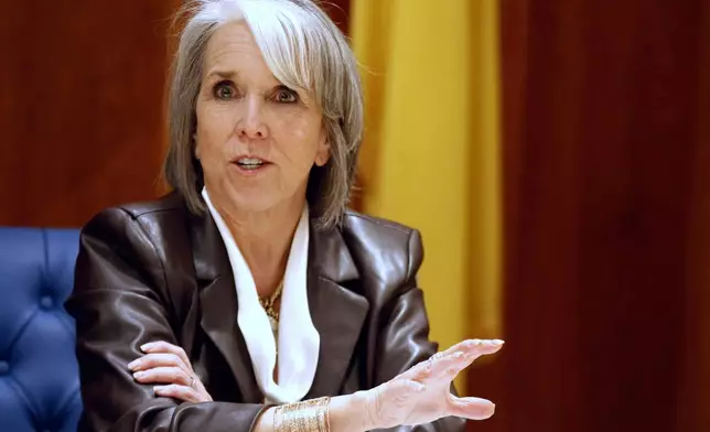 FILE - Democratic New Mexico Gov. Michelle Lujan Grisham speaks at a news conference, March 22, 2025, in Santa Fe, N.M. (AP Photo/Morgan Lee, File)