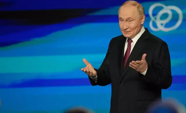 Russian President Vladimir Putin gestures during a plenary session of the Russian Energy Week forum at Moscow Manege in Moscow, Russia, Thursday, Oct. 16, 2025. (AP Photo/Alexander Zemlianichenko, Pool)