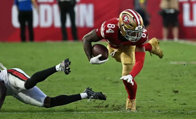 San Francisco 49ers wide receiver Kendrick Bourne (84) runs against the Tampa Bay Buccaneers during the second half of an NFL football game in Tampa, Fla., Sunday, Oct. 12, 2025. (AP Photo/Jason Behnken)
