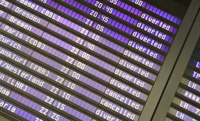 Screens at the Munich Airport show diverted and canceled flights after the airport suspended operations due to possible new drone sightings Friday, Oct. 3, 2025, in Munich. (Enrique Kaczor/dpa via AP)