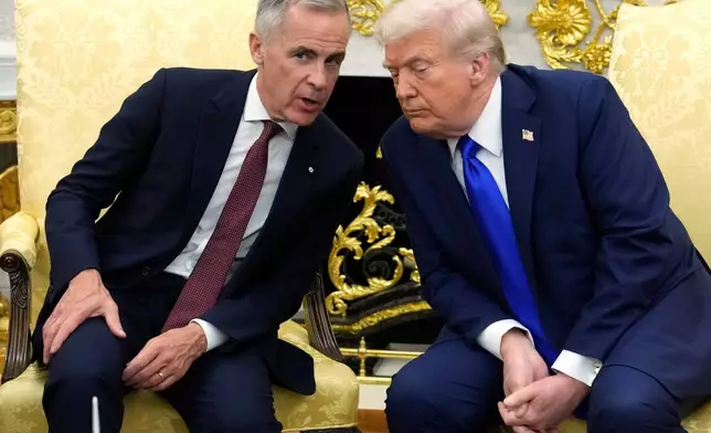 Canada Prime Minister Mark Carney and President Donald Trump hold a press conference at the White House in Washington, Tuesday, Oct. 7, 2025. (Adrian Wyld/The Canadian Press via AP)