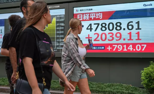 People walk in front of an electronic stock board showing Japan's Nikkei index at a securities firm Monday, Oct. 6, 2025, in Tokyo. (AP Photo/Eugene Hoshiko)