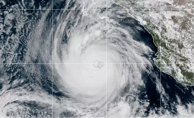 This NOAA satellite image taken at 1:00 p.m. EST on Tuesday, Oct. 7, 2025, shows Hurricane Priscilla in the East Pacific Ocean off the coast of Mexico. (NOAA via AP)