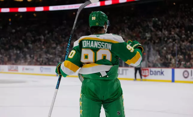 Minnesota Wild left wing Marcus Johansson celebrates scoring during the first period of an NHL hockey game against the Utah Mammoth, Saturday, Oct. 25, 2025, in St. Paul, Minn. (AP Photo/Bailey Hillesheim)