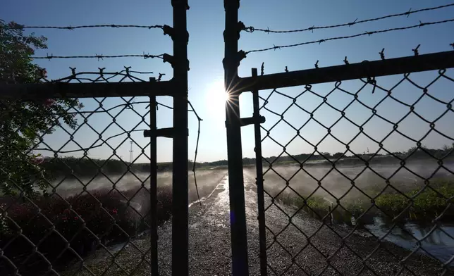 Irrigation sprinklers water rows of flowers and plants inside a nursery in Apopka, Fla., where migrants often find work in the agricultural sector, Thursday, Aug. 21, 2025. (AP Photo/Rebecca Blackwell)
