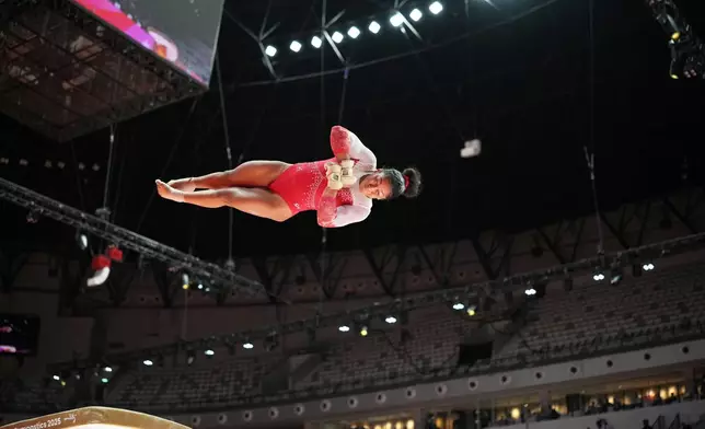 Lia-Monica Fontaine of Canada competes in the women's vault final during the 53rd Artistic Gymnastics World Championships in Jakarta, Indonesia, Friday, Oct. 24, 2025. (AP Photo/Dita Alangkara)
