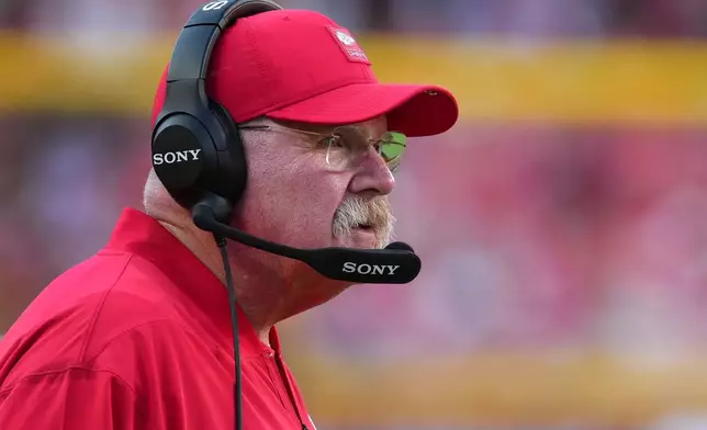 Kansas City Chiefs head coach Andy Reid watches from the sidelines during the second half of an NFL football game against the Baltimore Ravens Sunday, Sept. 28, 2025, in Kansas City, Mo. (AP Photo/Ed Zurga)
