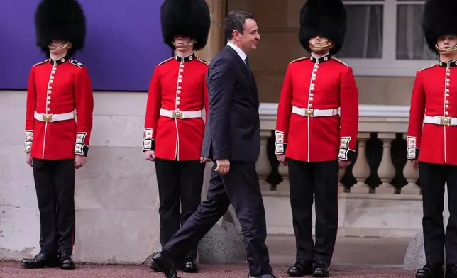Kosovo's Prime Minister Albin Kurti arrives for a meeting of leaders of six Western Balkan nations with British and European officials at a Western Balkans Summit in London, Wednesday, Oct. 22, 2025.(AP Photo/Kirsty Wigglesworth, Pool)