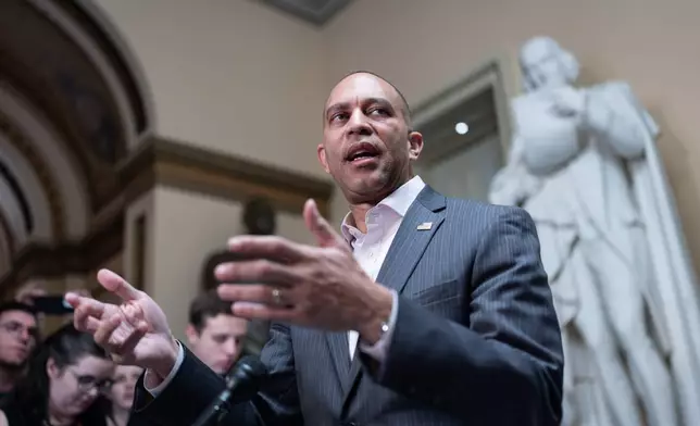 House Minority Leader Hakeem Jeffries, D-N.Y., meets with reporters near the closed House chamber on day 24 of the government shutdown, at the Capitol in Washington, Friday, Oct. 24, 2025. (AP Photo/J. Scott Applewhite)