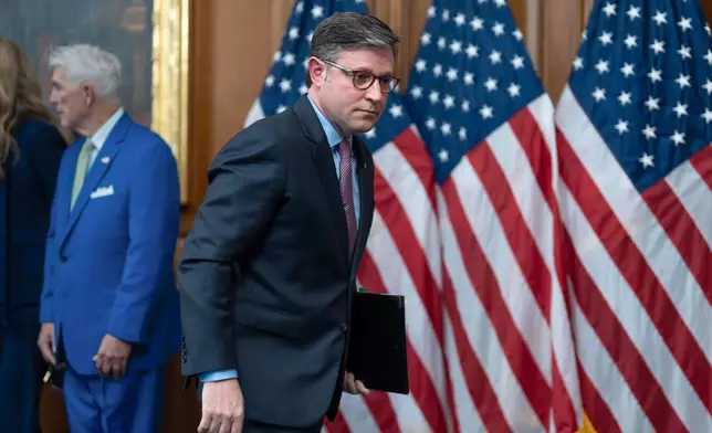 Speaker of the House Mike Johnson, R-La., wraps up a news conference on day 27 of the government shutdown, at the Capitol in Washington, Monday, Oct. 27, 2025. (AP Photo/J. Scott Applewhite)