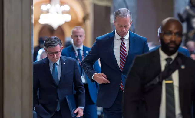 Speaker of the House Mike Johnson, R-La., left, and Senate Majority Leader John Thune, R-S.D., return to their offices after speaking with reporters on the third day of the government shutdown, at the Capitol in Washington, Friday, Oct. 3, 2025. (AP Photo/J. Scott Applewhite)