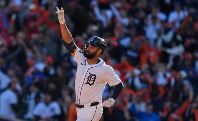 Detroit Tigers' Riley Greene rounds the bases after hitting a solo home run during the sixth inning in Game 4 of baseball's American League Division Series against the Seattle Mariners Wednesday, Oct. 8, 2025, in Detroit. (AP Photo/Ryan Sun)
