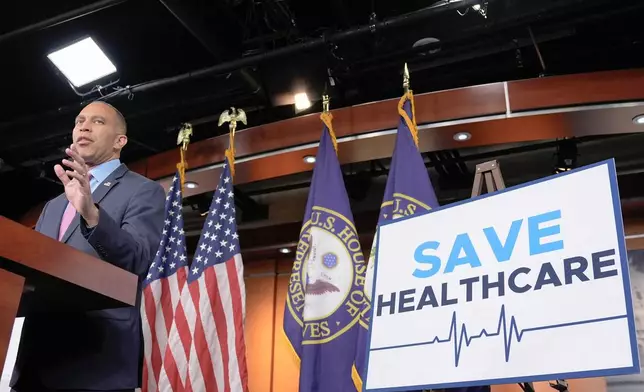 House Minority Leader Hakeem Jeffries, D-N.Y., speaks during a news conference during day 3 of the government shutdown on Capitol Hill, Friday, Oct. 3, 2025, in Washington. (AP Photo/Mariam Zuhaib)
