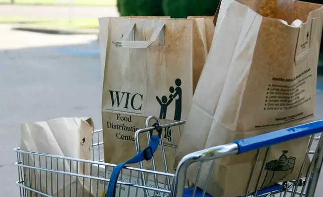 FILE - Grocery bags with food from the Special Supplemental Nutrition Program for Women, Infants and Children, WIC, sit in a shopping cart before being loaded into a vehicle in Jackson, Miss., Oct. 3, 2013. (AP Photo/Rogelio V. Solis, File)