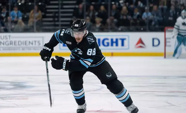 Utah Mammoth defenseman Nate Schmidt skates upice against the San Jose Sharks during the first period of an NHL hockey game Friday, Oct. 17, 2025, in Salt Lake City. (AP Photo/Melissa Majchrzak)