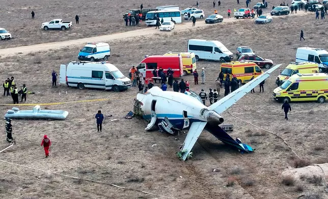 FILE - The wreckage of an Azerbaijan Airlines jet lies on the ground near the airport in Aktau, Kazakhstan, where it crashed on Dec. 25, 2024. (AP Photo/Azamat Sarsenbayev, File)