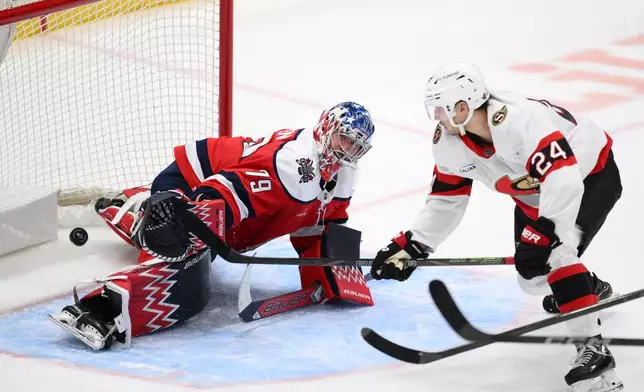 Ottawa Senators center Dylan Cozens (24) scores past Washington Capitals goaltender Charlie Lindgren (79) during the second period of an NHL hockey game, Saturday, Oct. 25, 2025, in Washington. (AP Photo/Nick Wass)