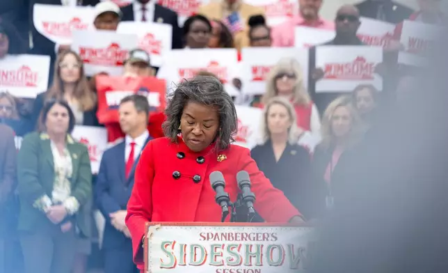 Republican gubernatorial candidate and current Lt. Gov. Winsome Earle-Sears speaks during a news conference on the steps of the Virginia Capitol Building, Monday, Oct. 27, 2025, in Richmond, Va. (Mike Kropf/Richmond Times-Dispatch via AP)