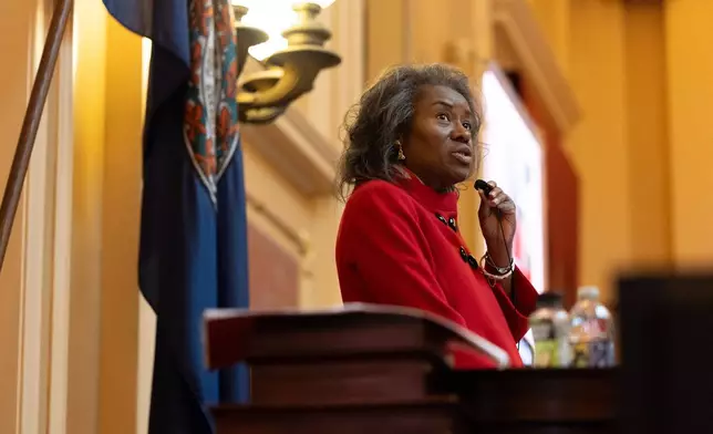 Republican gubernatorial candidate and current Lt. Gov. Winsome Earle-Sears presides over the Virginia Senate during a special legislative session, Monday, Oct. 27, 2025, in Richmond, Va. (Mike Kropf/Richmond Times-Dispatch via AP)