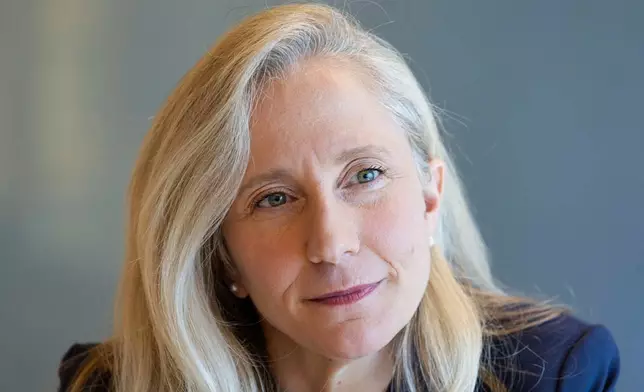 FILE - Rep. Abigail Spanberger, D-Va., speaks during an interview at Libbie Mill Library in Henrico County, Va., Nov. 25, 2024, after she announced she will run for Virginia governor. (AP Photo/Ryan M. Kelly, File)
