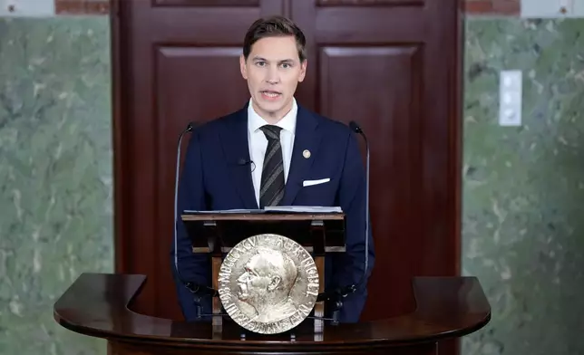 Chairman of the Nobel Committee, Jørgen Watne Frydnes, announces that Venezuelan opposition leader María Corina Machado is the laureate of the Nobel Peace Prize for 2025 in Oslo, Friday, Oct. 10, 2025. (Rodrigo Freitas/NTB Scanpix via AP)