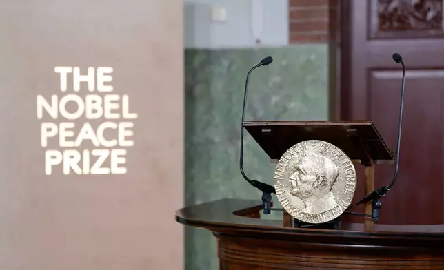 A view of the rostrum where Nobel Committee's chairman, Jørgen Watne Frydnes will announce the winner of the Nobel Peace Prize for 2025, in Oslo, Friday, Oct. 10, 2025. (Rodrigo Freitas/NTB Scanpix via AP)